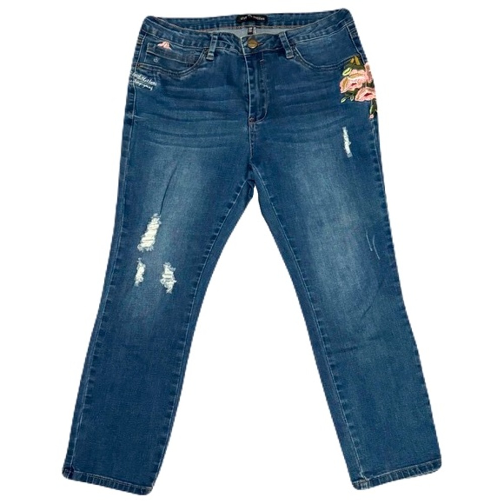 Floral Embroidered Cropped Ankle Straight Denim Jeans Size 12P Style Me Petites